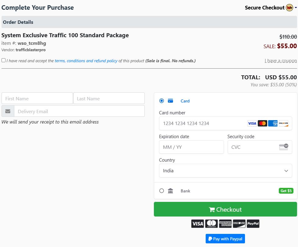System Exclusive Traffic Checkout Page